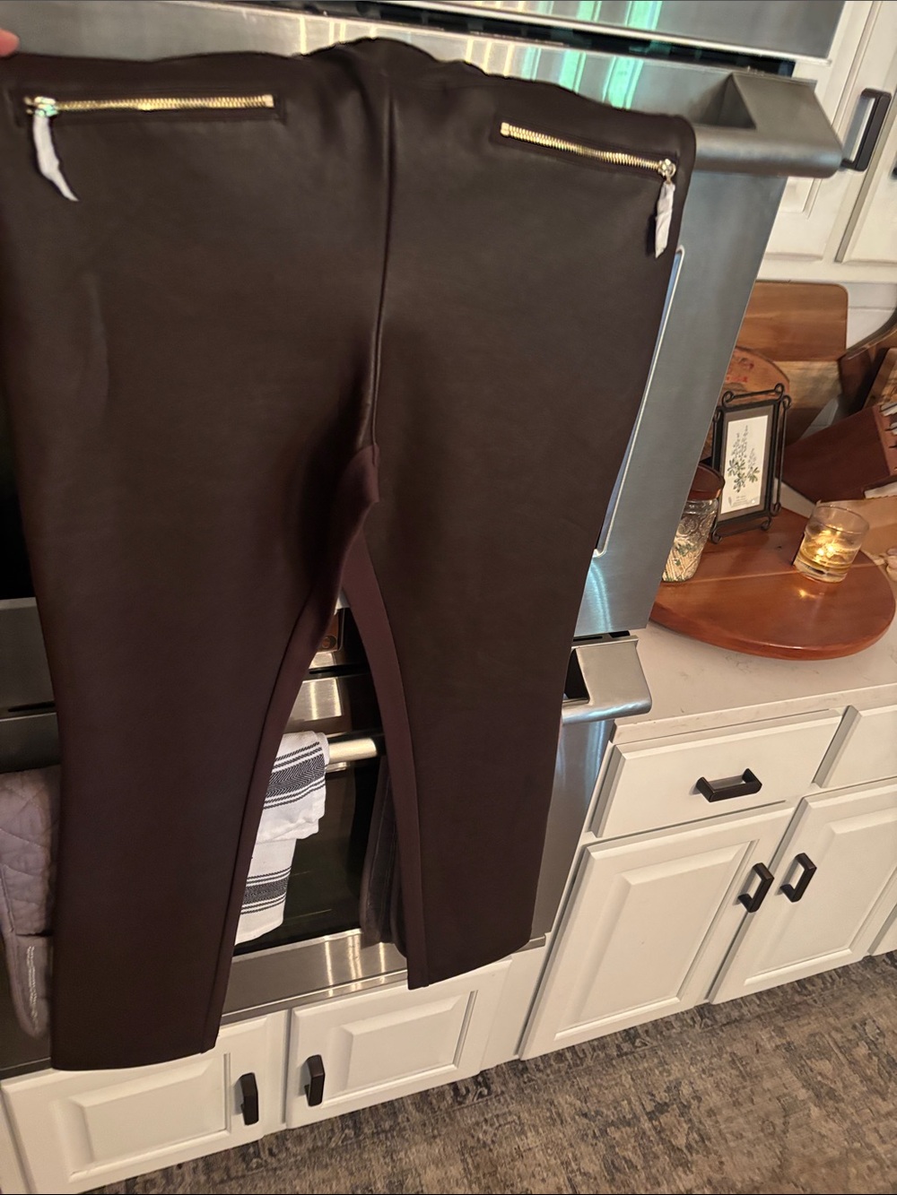 Dark brown  Ponte Zip Pocket Leggings. Faux leather